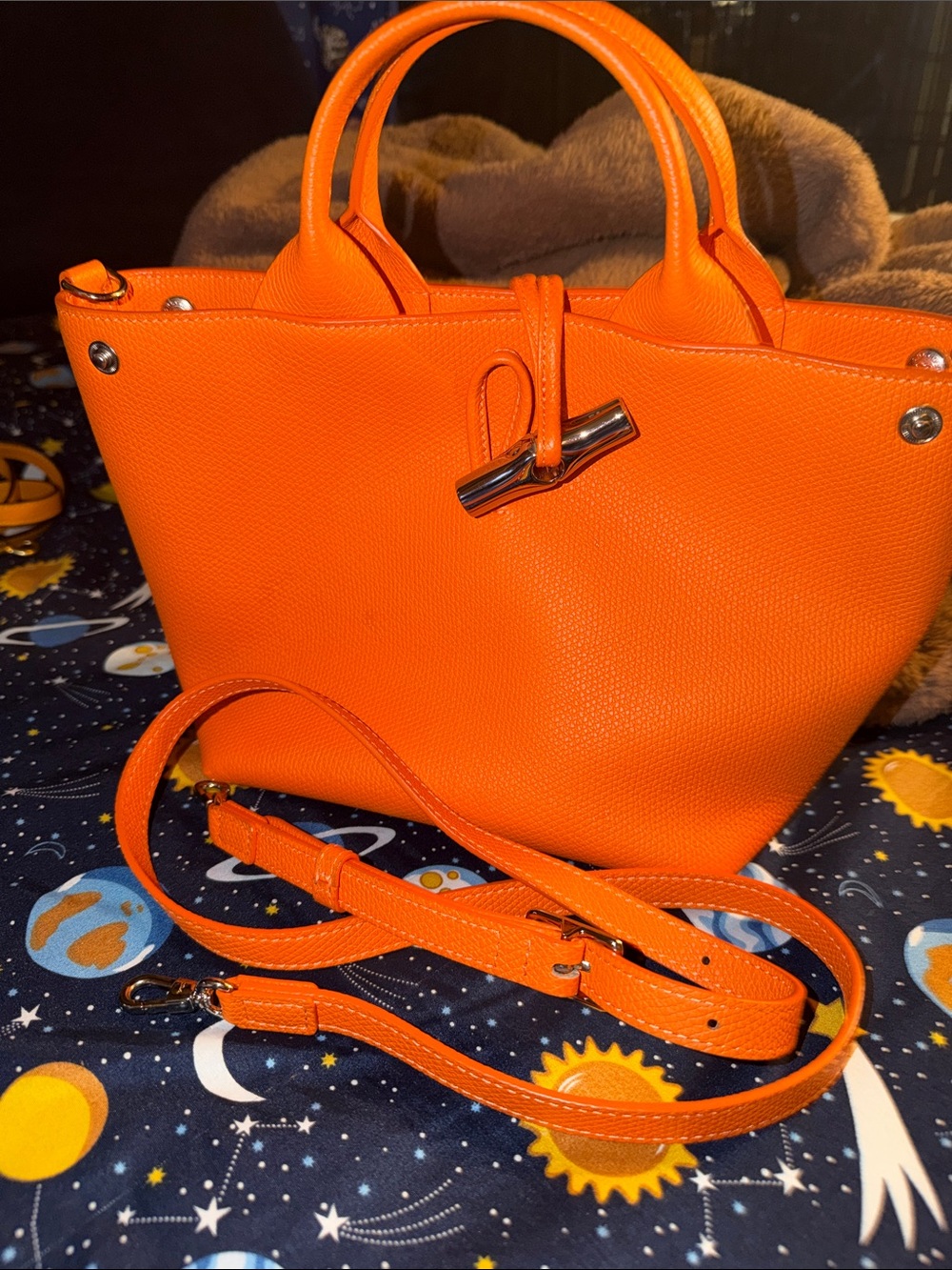 Women’s Orange Leather Top-Handle Tote Bag with Removable Strap